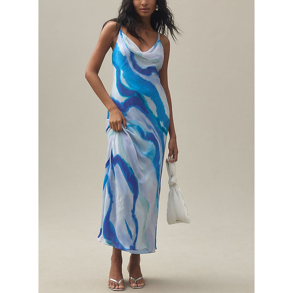 Anthropologie 'Bhldn Astrid' Blue Sleeveless Satin Midi Dress Size L - NWT - Picture 1 of 4